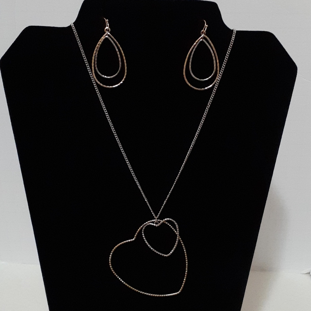 Christopher & Banks Jewelry Silvertone Double Heart Necklace and Earring…